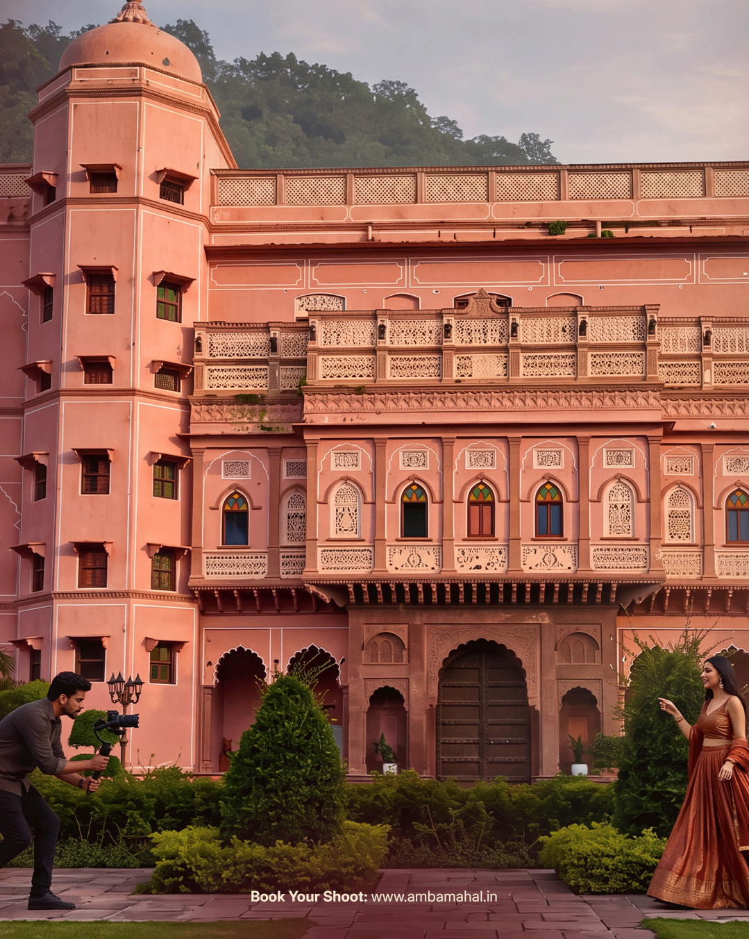 Amba Mahal campaign creative with an editorial maroon layout