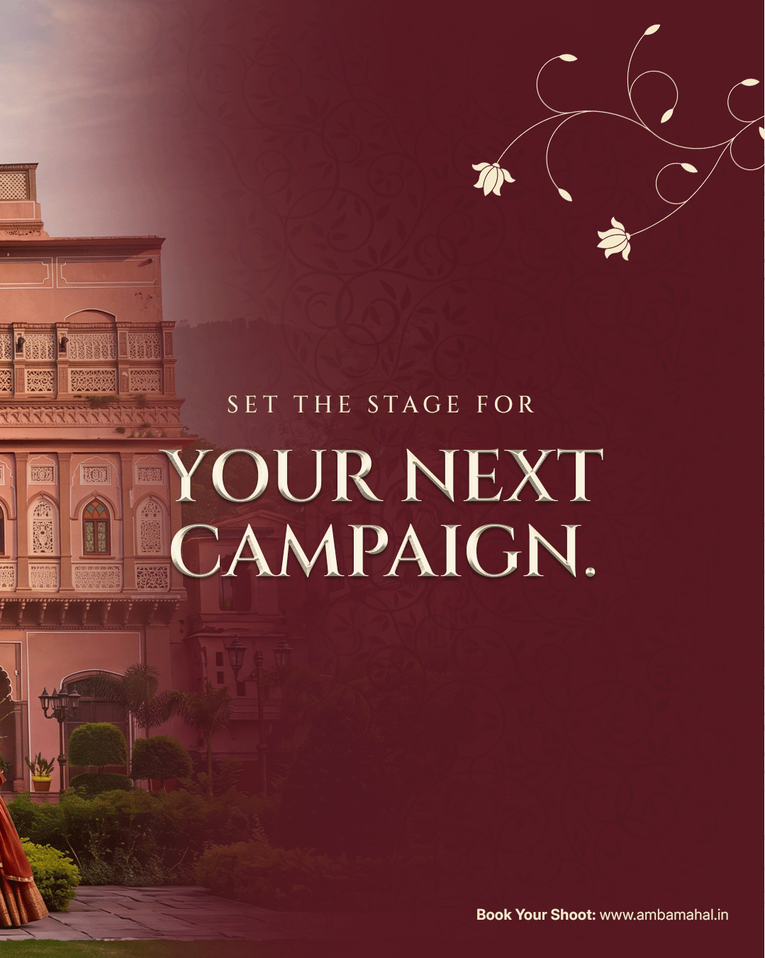 Amba Mahal campaign creative inviting luxury pre-wedding and ethnic shoots