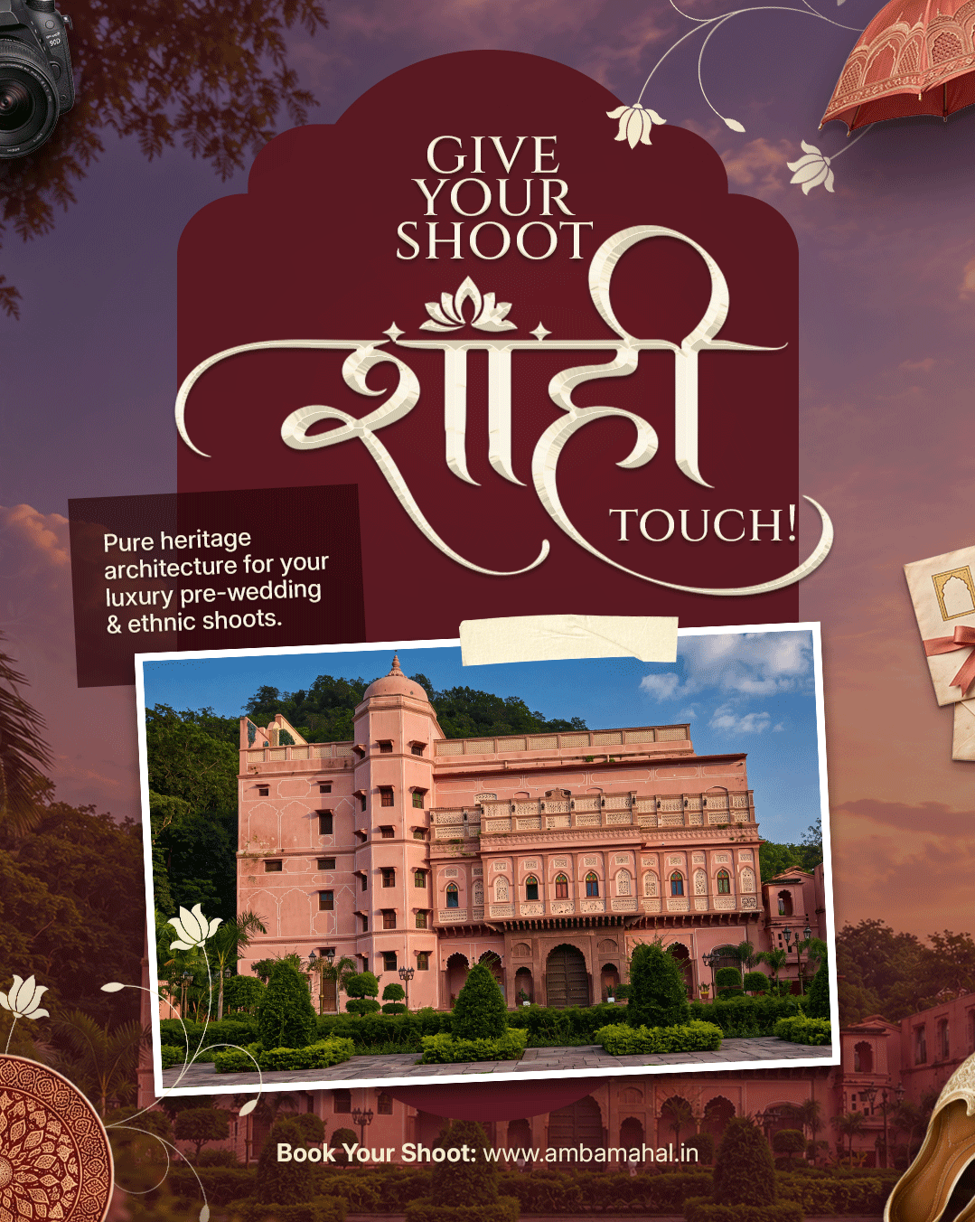 Amba Mahal campaign visual showing a videographer and venue architecture